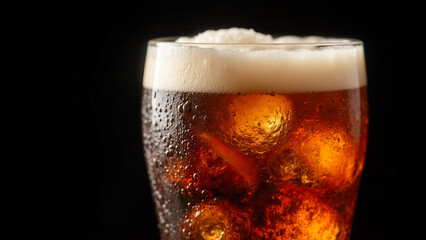 Refreshing Cold Beverage in Glass with Foam and Bubbles on Dark Background