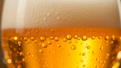 Golden Beverage with Bubbles and Foam in a Clear Glass for Refreshment and Celebration