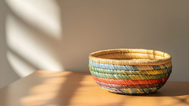 una cesta o canasta colorida hecha de mimbre artesanal hecha a mano sobre una mesa de madera decorativa con espacio de copia 