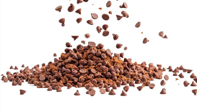 Chocolate chips falling and piling up on a white background - Powered by Adobe