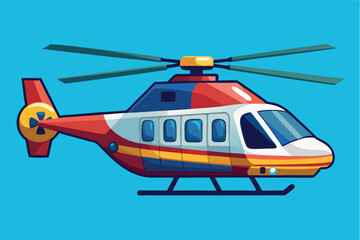 Colorful helicopter flying in a clear blue sky