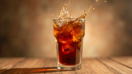 Refreshing Splash of Cold Beverage in Glass with Ice Cubes on Rustic Wooden Table