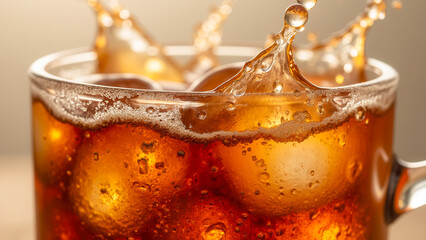 Refreshing Cold Beverage with Ice Cubes Splashing in a Glass Mug of Carbonated Soft Drink