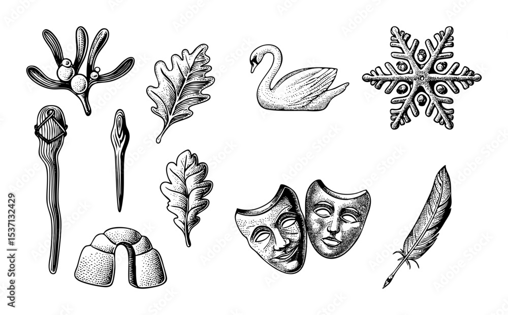 Poster vector detailed vector illustrations of a swan snowflake masks and botanical elements.
