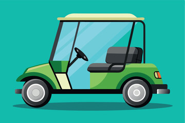 Golf cart parked against a bright turquoise background