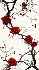 Red roses blooming on thorny black vines