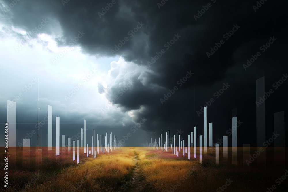 Poster dark clouds gather over a golden field as abstract structures rise towards the sky in a surreal land