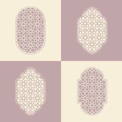 Elegant Islamic window arch vector, highlighting diverse arabesque geometric shapes and intricate patterns