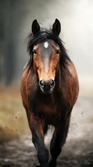 Obraz premium Brown horse running along a forest path in the early morning light, surrounded by mist and trees