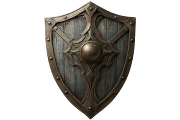 Naklejka premium Wooden shield with metal decorations representing medieval protection, isolated on transparent background, perfect for fantasy or historical projects