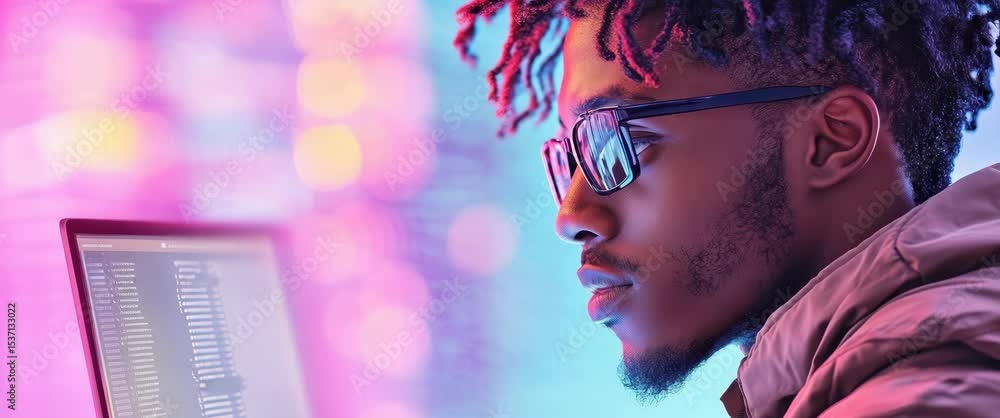Aufkleber person looking at device screen. cybersecurity awareness abstract background. glowing colorful light