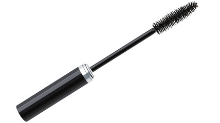 A close-up studio shot of a single black mascara wand and tube against a white background. The mascara tube is cylindrical and black with a silver band near the top. The wand is long and thin with