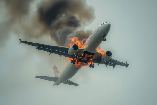 A sad and dangerous airplane crash accident with burning fire and black smoke rising while firefighters stand near the flames

