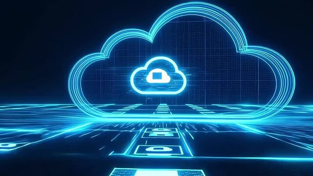 Abstract glowing blue cloud computing concept. Futuristic digital data storage, network, and technology illustration. Perfect for websites, presentations, and tech articles.