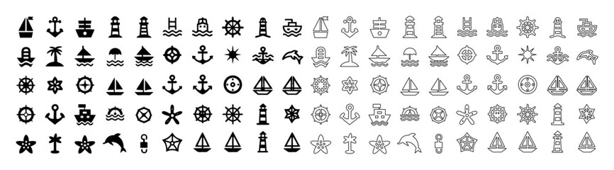 Maritime & Nautical Icon Set – 48 Minimalist Vector Glyphs of Ships, Anchors, Compass & Marine Life – Black Silhouette Illustrations for Sailing Apps, Ocean Travel & Coastal Branding SVG/PNG