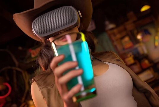 Virtual reality transforms saloon experience with a futuristic twist, blending old west charm with modern technology and creative innovation.
