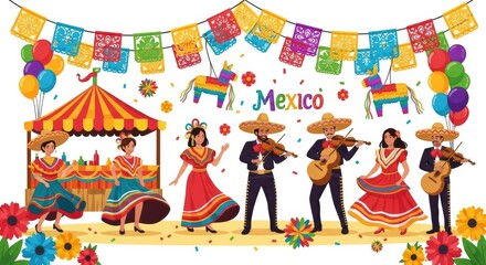 Vibrant Celebration of Mexican Culture Featuring Festive Dancers, Musicians, and Colorful Decorations
