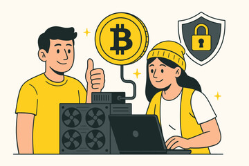 Flat Design vector Illustration of Young Man and Woman with Bitcoin, Mining Rig, and Security Shield &ndash; Digital Currency and Blockchain Tech