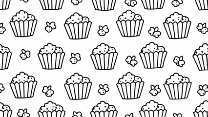 Seamless Pattern of Cute Cupcakes and Butterfly with Black Line Art