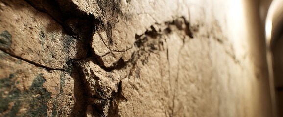 Closeup of a weathered stone wall with cracks and light illuminating the surface