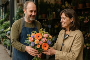 Florist hands bouquet customer