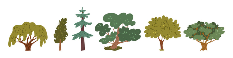 Evergreen trees and small decorative plants. Vector in flat style, isolated set of flora of forest or woods, landscaping design for park or woods, garden or orchard. Ecological and natural decor