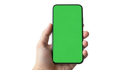 A Hand Holding a Smartphone with a Green Screen Ready for Customization and Design Variations
