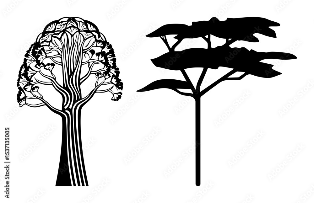 Poster vector stylized trees with distinct vector shapes.