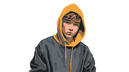 Vector illustration of a young man's portrait.  He is depicted from the chest up, wearing a dark gray hooded sweatshirt with a bright yellow hood.  The style is minimalist and vector-based