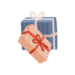 Gift boxes, isolated presents with polka dot and curve line prints for Christmas and New Year. Vector winter holiday celebration or special occasion. Parcels with wrapping paper and decor ribbons