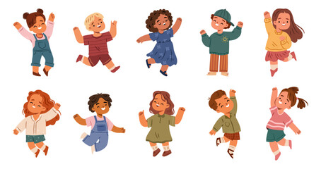Cute happy kids jumping with joy. Vector isolated cartoon children with smiling facial expression and raised arms in excitement. Energetic and cheerful characters. Celebration or activity concepts