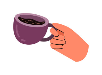 Cup of coffee or tea in hands of personage. Vector in flat style, isolated hand with mug filled with tasty warm beverage. Morning drink or lunch break at work, relaxing while drinking at dinner