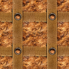 Seamless 4k photo material texture of light brown fur with cloth straps.