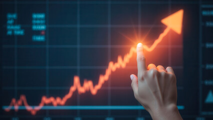 Hand Touching Screen with Graph Indicating Growth and Positive Trend in Business Analytics