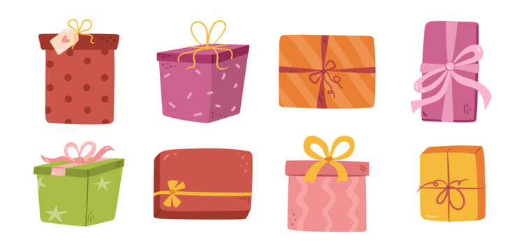 Gift boxes icons set. Vector isolated collection of cartoon presents for memorable occasions. Birthday celebration, special wrapping with ribbons and bows. Packages of various shape and form
