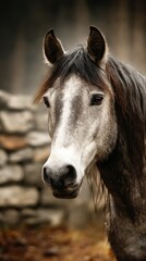 Obraz premium Silvery gray horse gazes softly in a rustic setting during the golden hour of late afternoon