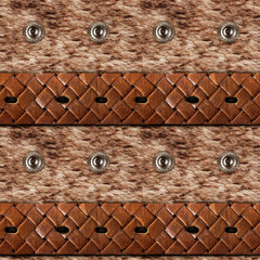Seamless 4k photo material texture of light brown fur with leather strap and buttons.