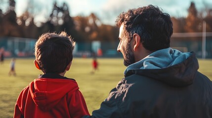 Father and son watching kids play soccer game on field enjoying family time together outdoors in the sunshine