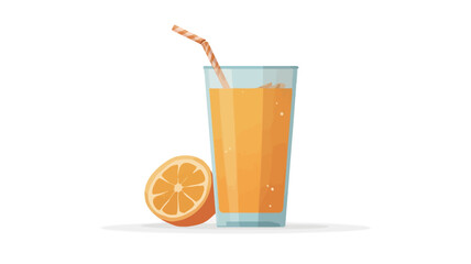 A digital illustration depicting a tall glass of orange juice with a striped straw.  A half-slice of orange is positioned next to the glass. The style is clean, bright, and cartoon-like with a