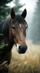 Fototapeta premium Majestic brown horse gazing thoughtfully in a misty meadow at dusk