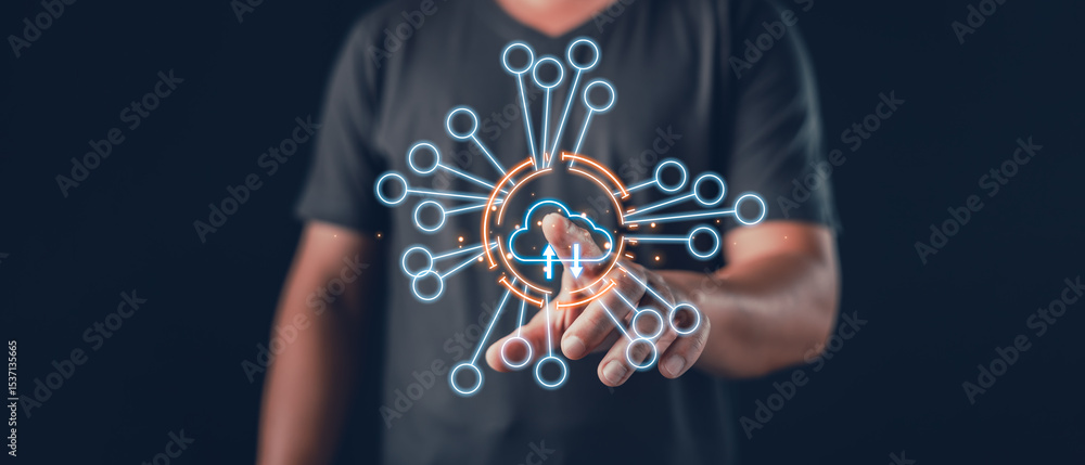 Poster person interacts with a glowing cloud network interface symbolizing digital connectivity, cloud comp