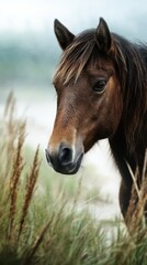 Obraz premium Majestic brown horse stands among tall grass in a serene landscape at twilight near a gentle river