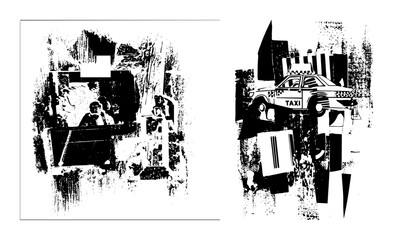Vector Urban scene featuring a taxi and a person at a counter.