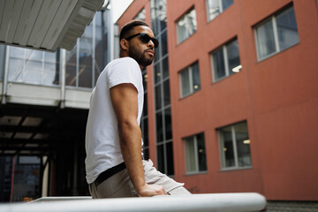 Fototapeta premium Stylish african american man in sunglasses sitting on railing outdoors