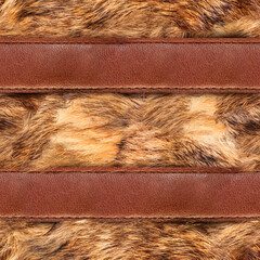 Seamless 4k photo material texture of brown fur with leather straps.