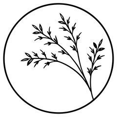 Elegant minimalistic botanical design element, delicate black branches and leaves in a perfect circle frame