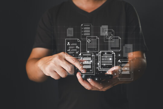 businessman interacts with a smartphone projecting glowing digital document icons, representing cloud storage, online data management, file organization, mobile access, and paperless workflow systems.