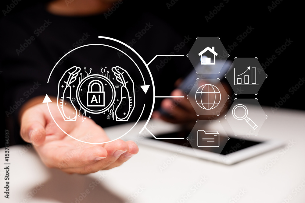 Poster a hand holding a digital ai security icon surrounded by futuristic tech interface elements represent