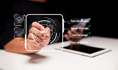 A person interacts with a futuristic touchscreen interface displaying Large Language Model (LLM)...