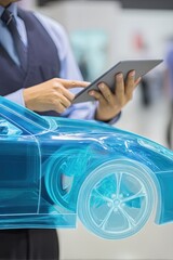 Auto engineer next to a holographic model of a car. Innovative technologies in the development of car design. The holographic car model inspires new ideas for the engineer.